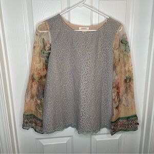 Sundance Mixed Media Lace Art Nouveau Silk Sleeve Crocheted Hem Blouse S